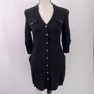 UEC Guess rayon black button down dress gold button detail size small w/ pockets